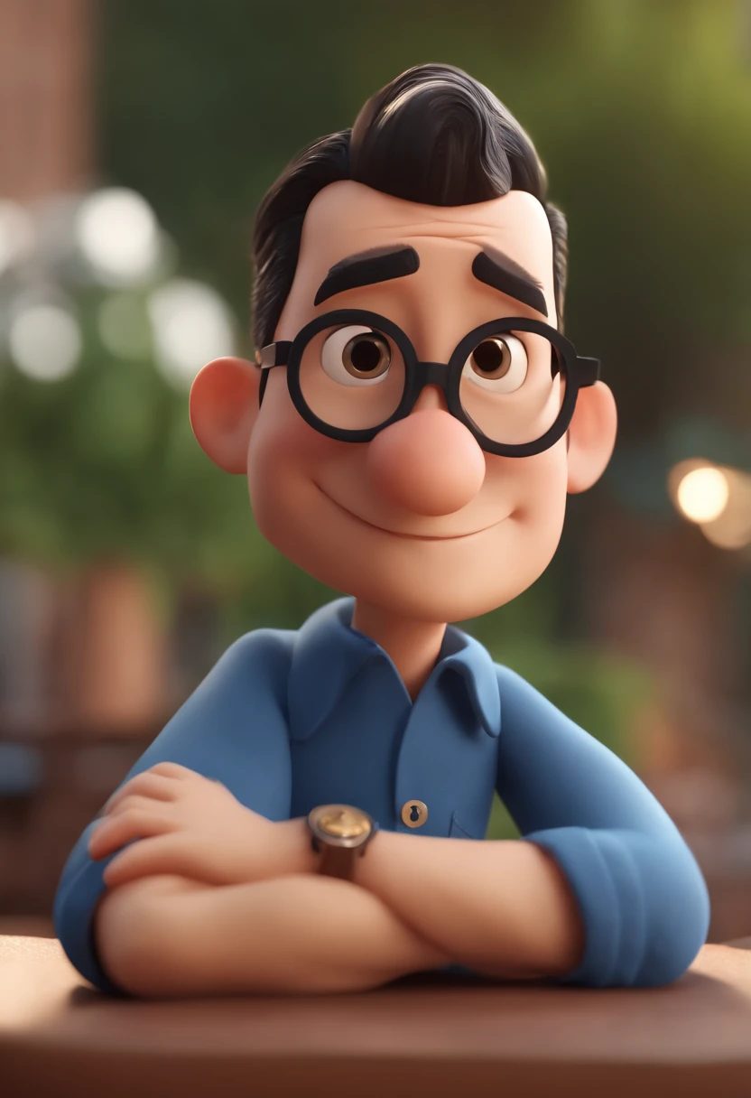 Cartoon character of a man with black glasses and a blue shirt, animation character, Caractere estilizado, animation style rendering, 3D estilizado, Arnold Maya render, 3 d render stylized, toon render keyshot, Personagem 3D, Personagem 3D, 3d rendering stylized, 3 d character render, personagem de desenho animado, Personagem de close up, Pose de personagem, (Estilo Pixar) (master part:1.2) (Bokeh) (melhor qualidade) (pele detalhada) (textura detalhada) (8k) (argila) (Cinematic lighting) (foco nítido) cabelo curto moreno e cor da pelo negra