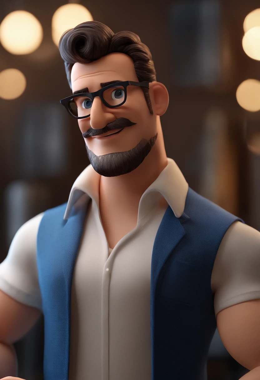Cartoon character of a man with black glasses and a blue shirt, animation character, Caractere estilizado, animation style rendering, 3D estilizado, Arnold Maya render, 3 d render stylized, toon render keyshot, Personagem 3D, Personagem 3D, 3d rendering stylized, 3 d character render, personagem de desenho animado, Personagem de close up, Pose de personagem, (Estilo Pixar) (master part:1.2) (Bokeh) (melhor qualidade) (pele detalhada) (textura detalhada) (8k) (argila) (Cinematic lighting) (foco nítido) cabelo curto moreno e cor da pelo negra