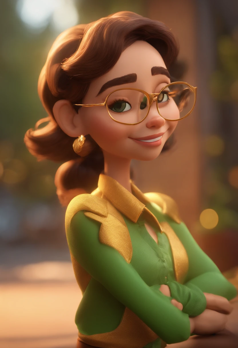 Cartoon character of a woman with golden kitten glasses and a green shirt, animation character, Caractere estilizado, animation style rendering, 3D estilizado, Arnold Maya render, 3 d render stylized, toon render keyshot, Personagem 3D, Personagem 3D, 3d rendering stylized, 3 d character render, personagem de desenho animado, Personagem de close up, Pose de personagem,  (Estilo Pixar) (master part:1.2) (Bokeh) (best quality) (pele detalhada) (textura detalhada) (8k) (argila) (Cinematic lighting) (foco nítido