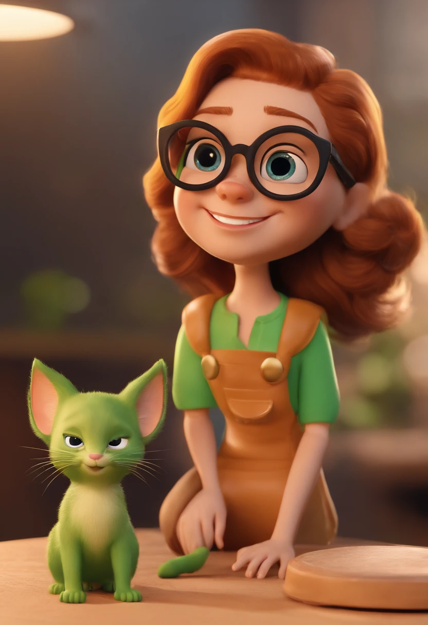 Cartoon character of a woman with golden kitten glasses and a green shirt, animation character, Caractere estilizado, animation style rendering, 3D estilizado, Arnold Maya render, 3 d render stylized, toon render keyshot, Personagem 3D, Personagem 3D, 3d rendering stylized, 3 d character render, personagem de desenho animado, Personagem de close up, Pose de personagem, (Estilo Pixar) (master part:1.2) (Bokeh) (best quality) (pele detalhada) (textura detalhada) (8k) (argila) (Cinematic lighting) (foco nítido