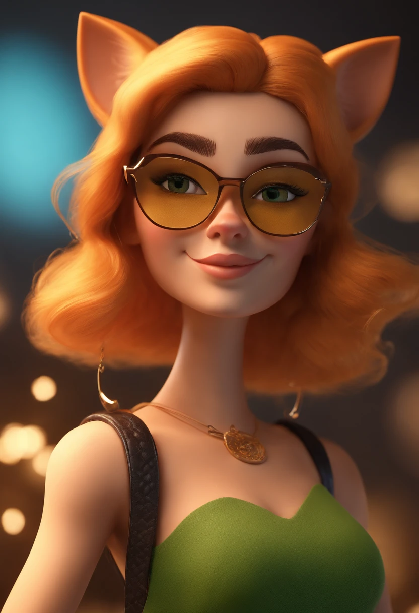 Cartoon character of a woman with golden kitten glasses and a green shirt, animation character, Caractere estilizado, animation style rendering, 3D estilizado, Arnold Maya render, 3 d render stylized, toon render keyshot, Personagem 3D, Personagem 3D, 3d rendering stylized, 3 d character render, personagem de desenho animado, Personagem de close up, Pose de personagem, (Estilo Pixar) (master part:1.2) (Bokeh) (best quality) (pele detalhada) (textura detalhada) (8k) (argila) (Cinematic lighting) (foco nítido
