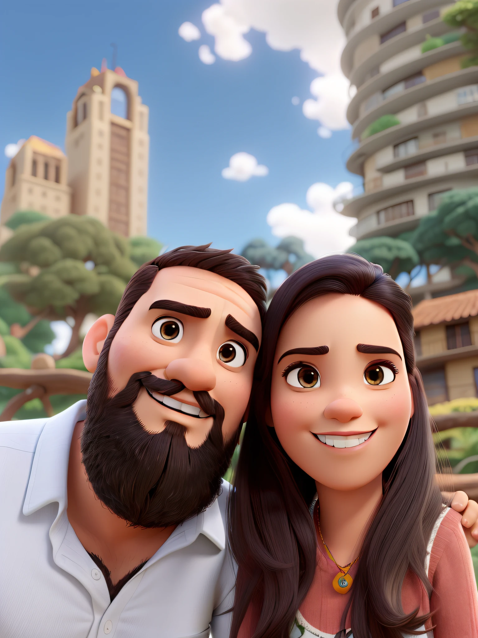 Um casal ao estilo da Pixar, alta qualidade, best quality, e homem de olhos castanhos com barba fechada, mulher alta e com cabelos com mechas loiras, em um parque ao ar livre