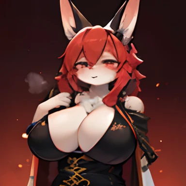 absurdress, Furry, The female is fluffy, anthro, Trending on ArtStation, uploaded on e621, Detailed portrait of antro woman, Extreme detailing, detailed fluffy fur, full - body, Blushing, A detailed eye, (shaded), (detailed lighting), (Cinematic lighting), (Masterpiece, hi res, RAW photo, High Resolution, High Details, Best Quality), high definition, (High Sharp:1.3), bunny ears, rabbit tail, orange furr, Long_Hair, side locks, low twintails, Red_Hair, Hair_between_eyes, Red_colored_streaked_eyes, (Black light bathrobe with aqua embroidery:1.1), (black tattered short cloak, embroidered with red light:1.2), high-waisted breasts, Kale_torso, Massive breasts