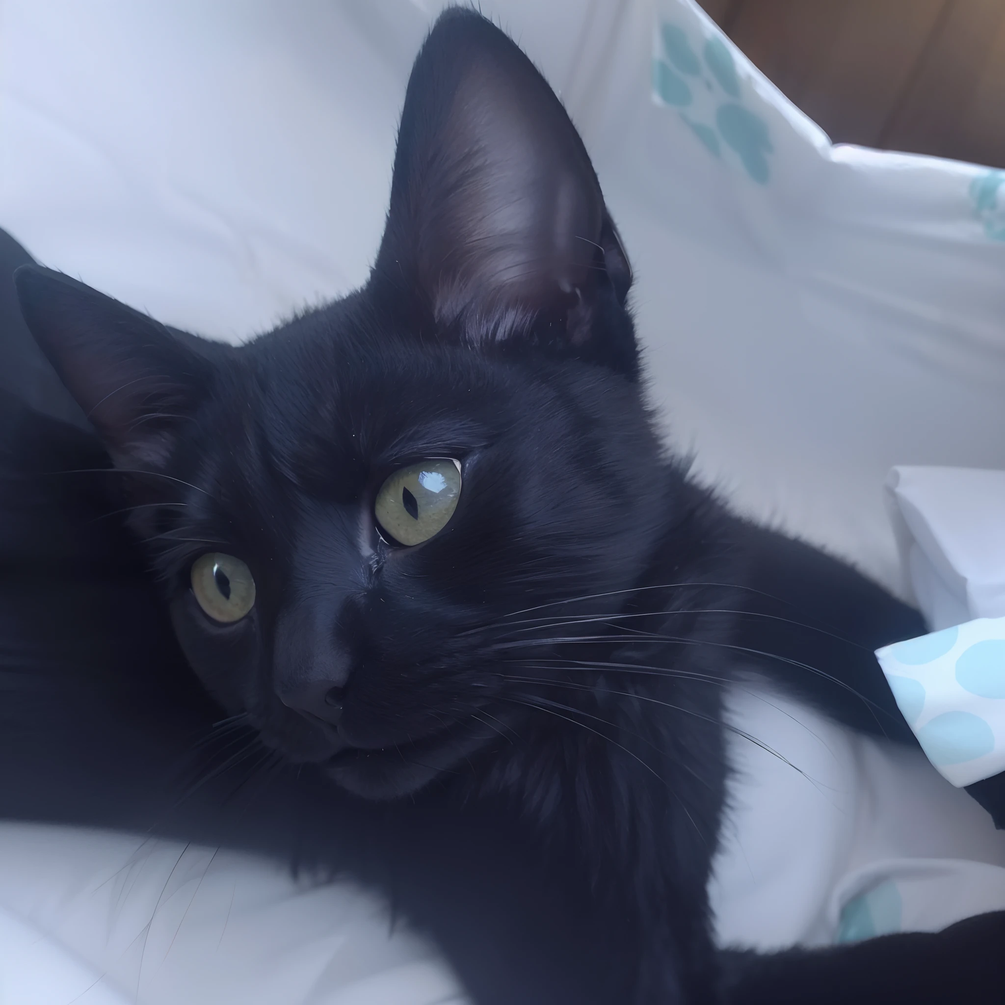 There's a black cat lying on a bed with a white sheet, Looking towards the camera, com olhos bonitos, gato preto tirando uma selfie, holding it out to the camera, envolto em preto, staring directly at camera, grandes olhos negros!!!, staring directly at camera, peludo bonito precisa de sua ajuda, is looking at the camera, looking-into-camera
