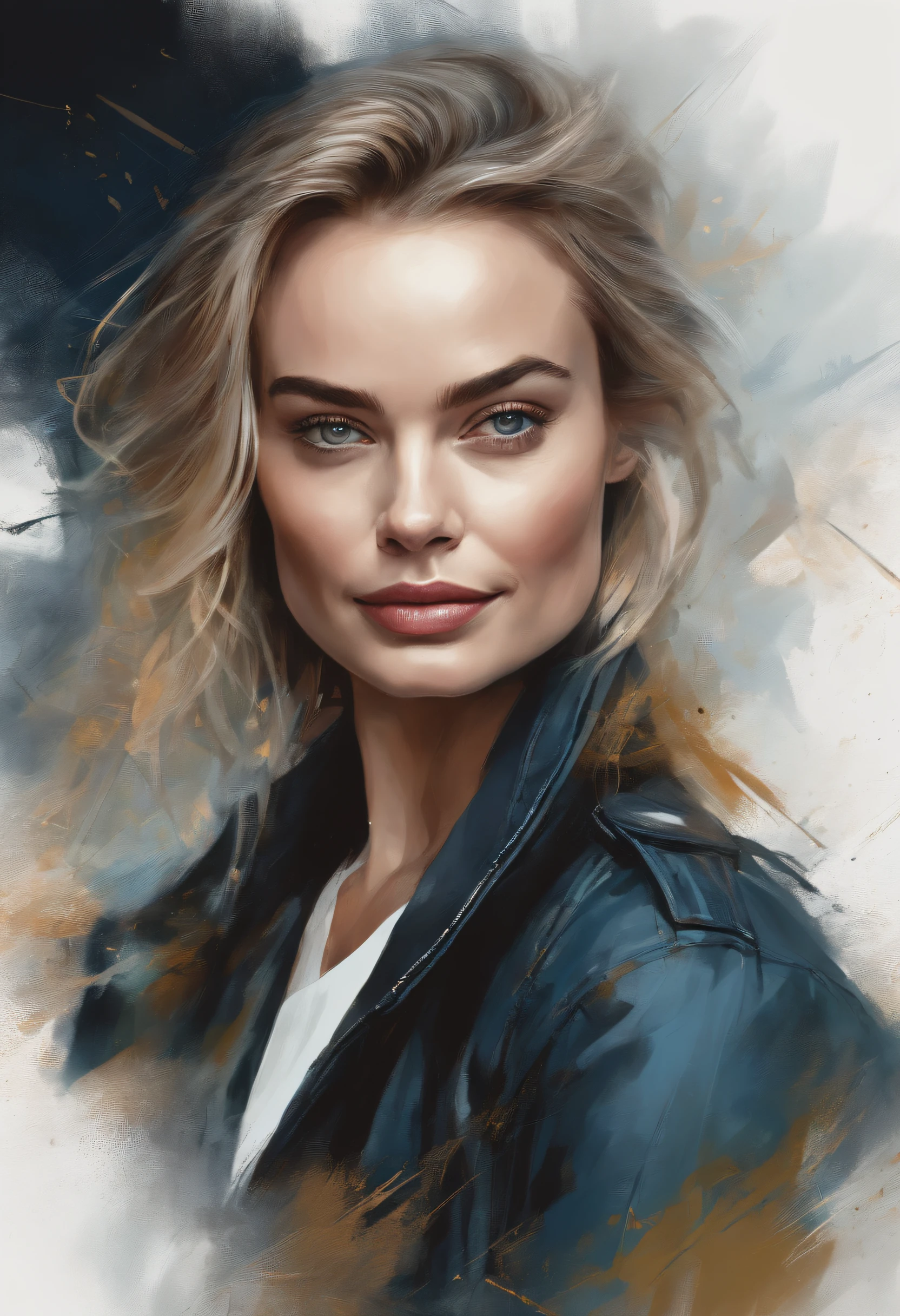 Margot Robbie, Perfect centralization, Put on your student jacket, Standing position, abstract beauty, Downtown, looking at the camera, facing the camera, On the way to perfection, dynamic, exterior, higly detailed, digitalpainting, Art Stations, ConceptArt, Smooth, Sharp focus, 8K, hight resolution, illustartion, art by Carne Griffiths and Wadim Kashin, whitebackground