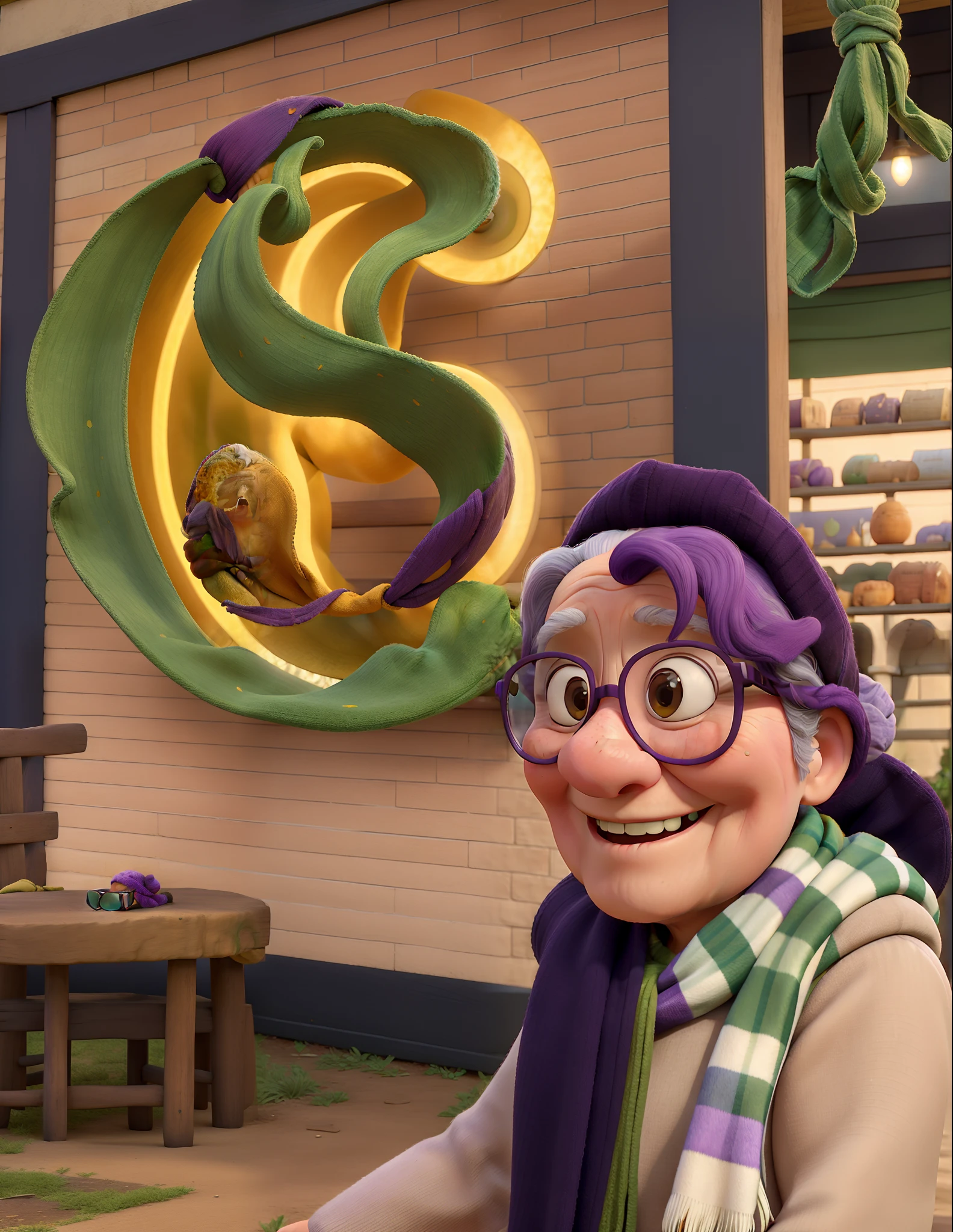 masterpiece, best quality, an old woman with glasses and a scarf on, wearing a purple coat and green scarf, standing at the park