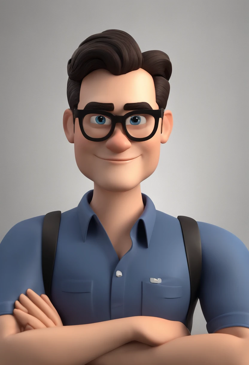 Cartoon character of a man wearing black glasses and a blue shirt, um personagem animado, Caractere estilizado, animation style rendering, 3D estilizado, Arnold Maya render, 3 d render stylized, toon render keyshot, Personagem 3D, Personagem 3D, 3d rendering stylized, 3 d character render, personagem de desenho animado, Personagem de close up, Pose de personagem, (Estilo Pixar) (master part:1.2) (Bokeh) (best quality) (pele detalhada) (textura detalhada) (8k) (argila) (Cinematic lighting) (foco nítido,Senta e vaza a parte superior do corpo