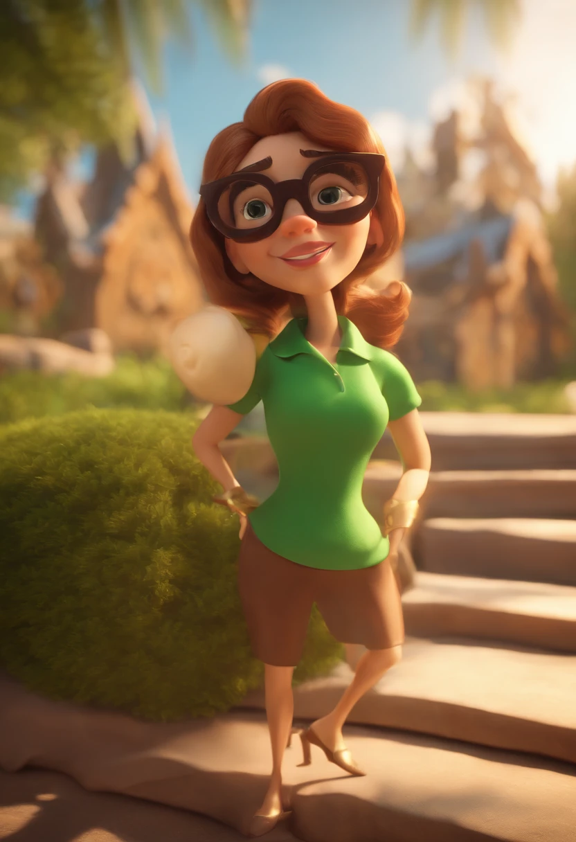Personagem dos desenhos animados de uma mulher com uma camisa verde, em uma biblioteca ela tem blond hair curto animation character, Caractere estilizado, animation style rendering, 3D estilizado, Arnold Maya render, 3 d render stylized, toon render keyshot, Personagem 3D, Personagem 3D, 3d rendering stylized, 3 d character render, personagem de desenho animado, Personagem de close up, Pose de personagem, (Estilo Pixar) (master part:1.2) (Bokeh) (best quality) (pele detalhada) (textura detalhada) (8k) (argila) (Cinematic lighting) (foco nítido