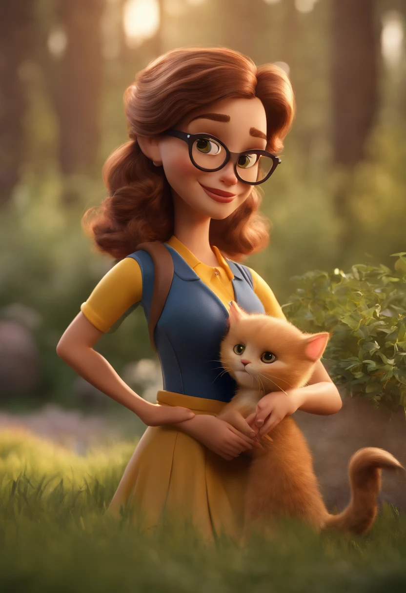 Personagem dos desenhos animados de uma mulher, cabelos longos, liso e castanho, with golden kitten glasses and a green shirt, animation character, Caractere estilizado, animation style rendering, 3D estilizado, Arnold Maya render, 3 d render stylized, toon render keyshot, Personagem 3D, Personagem 3D, 3d rendering stylized, 3 d character render, personagem de desenho animado, Personagem de close up, Pose de personagem, (Estilo Pixar) (master part:1.2) (Bokeh) (best quality) (pele detalhada) (textura detalhada) (8k) (argila) (Cinematic lighting) (foco nítido