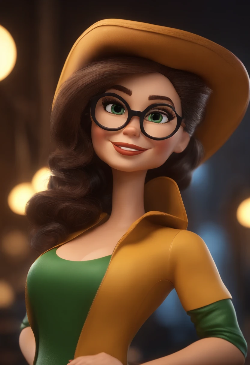 Personagem dos desenhos animados de uma mulher, cabelos longos, liso e castanho, with golden kitten glasses and a green shirt, animation character, Caractere estilizado, animation style rendering, 3D estilizado, Arnold Maya render, 3 d render stylized, toon render keyshot, Personagem 3D, Personagem 3D, 3d rendering stylized, 3 d character render, personagem de desenho animado, Personagem de close up, Pose de personagem, (Estilo Pixar) (master part:1.2) (Bokeh) (best quality) (pele detalhada) (textura detalhada) (8k) (argila) (Cinematic lighting) (foco nítido