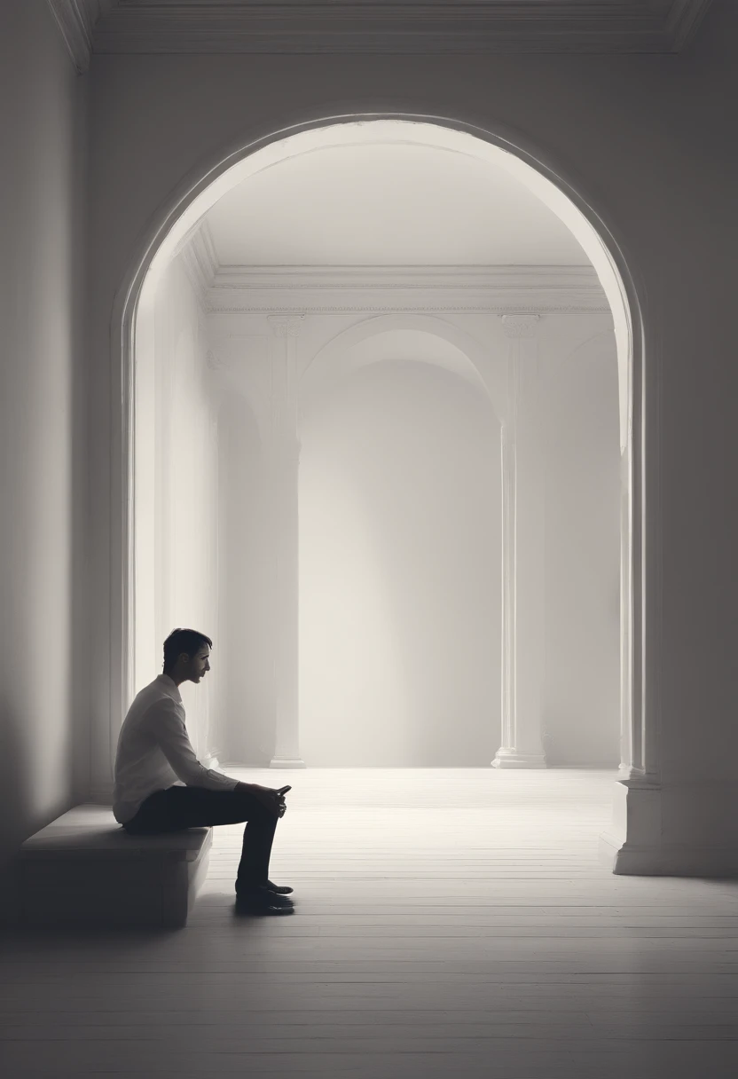 (best quality,4k,highres,masterpiece:1.2), ultra-detailed, realistic:1.37, a long and black-haired man with white clothes sitting in the corner of a blank room. melancholic look, detailed eyes, detailed lips, white clothes flowing, subtle shadows, atmospheric lighting, thought-provoking, introspective, moody ambiance, artistic photography, chiaroscuro effect, dramatic lighting, introspective mood, deep contemplation, minimalist setting, clean lines, blank walls, empty space, sense of solitude, calm and serene atmosphere.