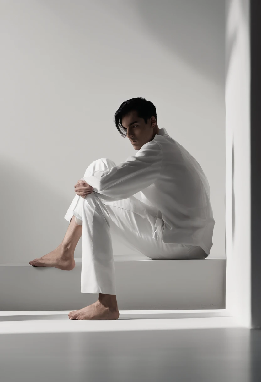 (best quality,4k,highres,masterpiece:1.2), ultra-detailed, realistic:1.37, a long and black-haired man with white clothes sitting in the corner of a blank room. melancholic look, detailed eyes, detailed lips, white clothes flowing, subtle shadows, atmospheric lighting, thought-provoking, introspective, moody ambiance, artistic photography, chiaroscuro effect, dramatic lighting, introspective mood, deep contemplation, minimalist setting, clean lines, blank walls, empty space, sense of solitude, calm and serene atmosphere.