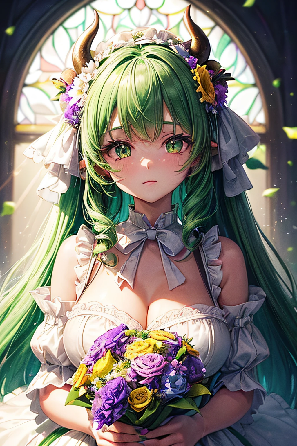 ((worst quality, low-quality)), ((Horned cow-eared girl)), (Gothic ta), Solo, (Big breasts), (Green hair,poneyTail:1.2), Hair over one eye, plump shiny lips, Beautiful clear eyes, Spoken Heart, Leaning forward, (((Beautiful colorful flowers, 1 large bouquet,Hold it with both hands:1.2))), Confetti, (Stained glass window background), ((Shining sunlight)), (opal), (light Particle, light glow, llight rays:1.4), masutepiece,Best Quality,ultra-detailliert,
