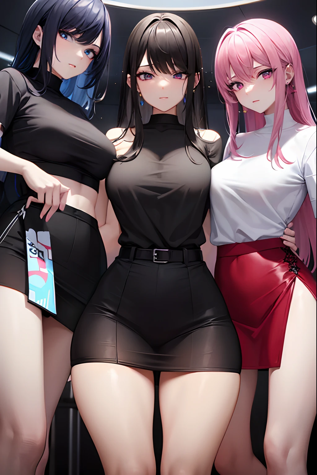 Three woman in skirts and t-shirts looking at viewer standing, tall, slim, beautiful, 8k, ((masterpiece)),((expressive eyes)), ((inside party buss)), flashing lights, booze, partying,