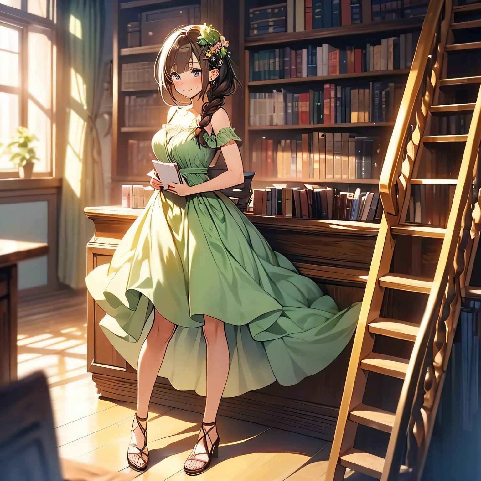 1girl, solo, female focus, elf, tall, young, medium brests, medium hips, green dress, Casual clothes, flower, hair ornament, brown hair, braids, spacious room, library, blury background, full body view, (front view) , happy, standing