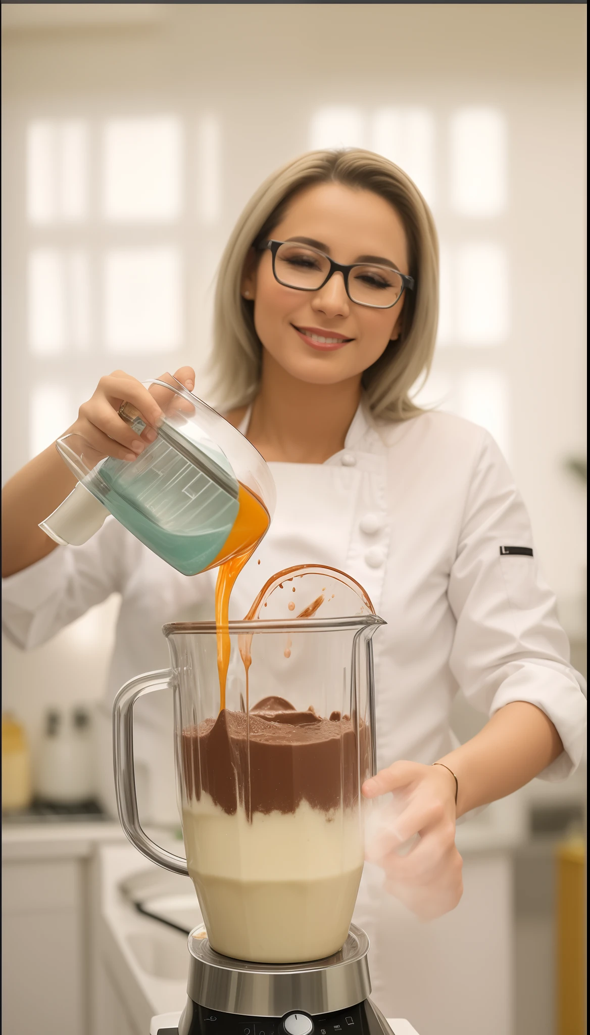 Woman pouring liquid into a blender with a blender in the background, Mistura suave, Mistura, Caroline Gariba, Spilling techniques, Olivia de Bernardinis, cobertura de chocolate, Directed by: Felipe Seade, cooking show, culinary art photography, criando um soft, inspired by Zsuzsa Máthé, brasileiro, tiro profissional, Directed by: Luis Miranda, Sandra Chevier, Derramamento