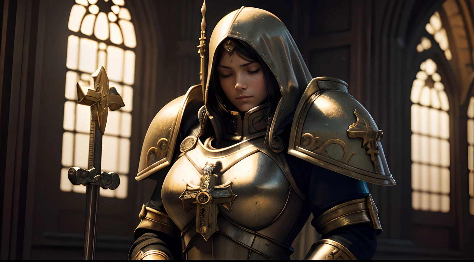 Artistic Image
Subject: Sister of Battle
Description: A Sister of Battle from the Warhammer 40k universe is depicted in this illustration. She is dressed in her iconic power armor, adorned with religious symbols and weaponry. Her face is determined, and she carries an air of strength and devotion. She is shown praying in a chapel, her hands clasped together, eyes closed, and head slightly bowed. The atmosphere is solemn and serene, with soft lighting casting a warm glow on the scene.
Art Styles: Detailed illustration, Warhammer 40k style
Art Inspirations: Warhammer 40k illustrations by John Blanche, Karl Kopinski, and Adrian Smith
Camera: Medium shot
Render Related Information: 4K resolution, high-quality rendering, emphasis on capturing intricate details and textures