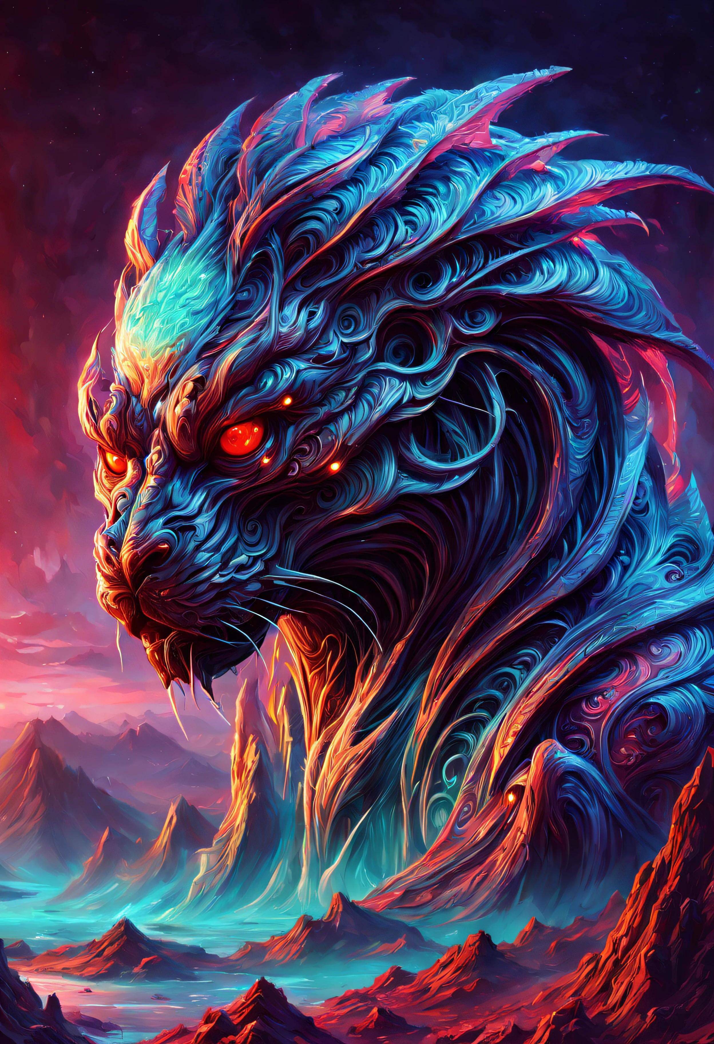 art by Marek Okon and dan mumford,  Yarn model of a large Brother, the Brother is Luminous, Samurai, elegant, Cryptidcore, anaglyph filter, alienzkin