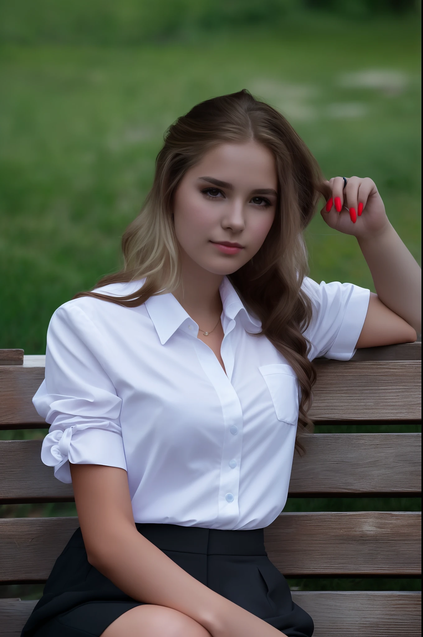 Girl sitting in costume, Formal suit with jacket and shirt, black pants