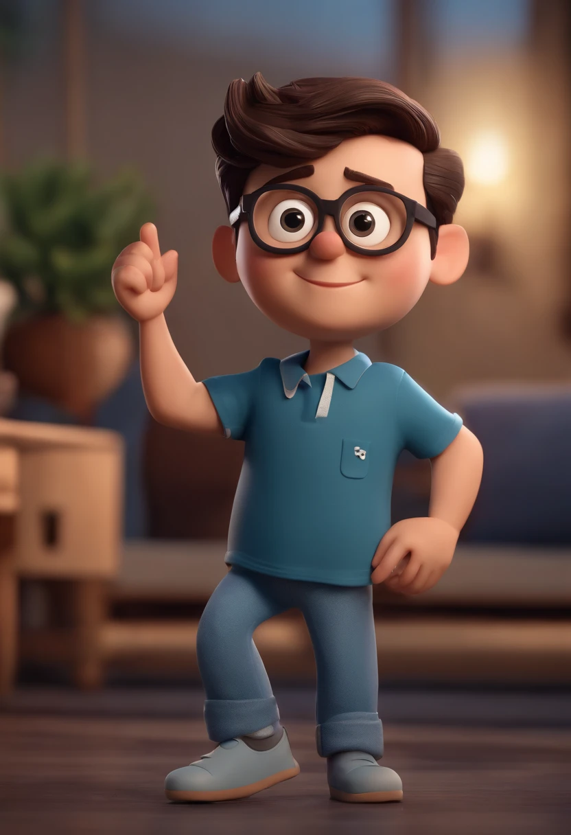 Cartoon character of a man wearing black glasses and a blue shirt, um personagem animado, Caractere estilizado, animation style rendering, 3D estilizado, Arnold Maya render, 3 d render stylized, toon render keyshot, Personagem 3D, Personagem 3D, 3d rendering stylized, 3 d character render, personagem de desenho animado, Personagem de close up, Pose de personagem, (Estilo Pixar) (master part:1.2) (Bokeh) (best quality) (pele detalhada) (textura detalhada) (8k) (argila) (Cinematic lighting) (foco nítido,Senta e vaza a parte superior do corpo