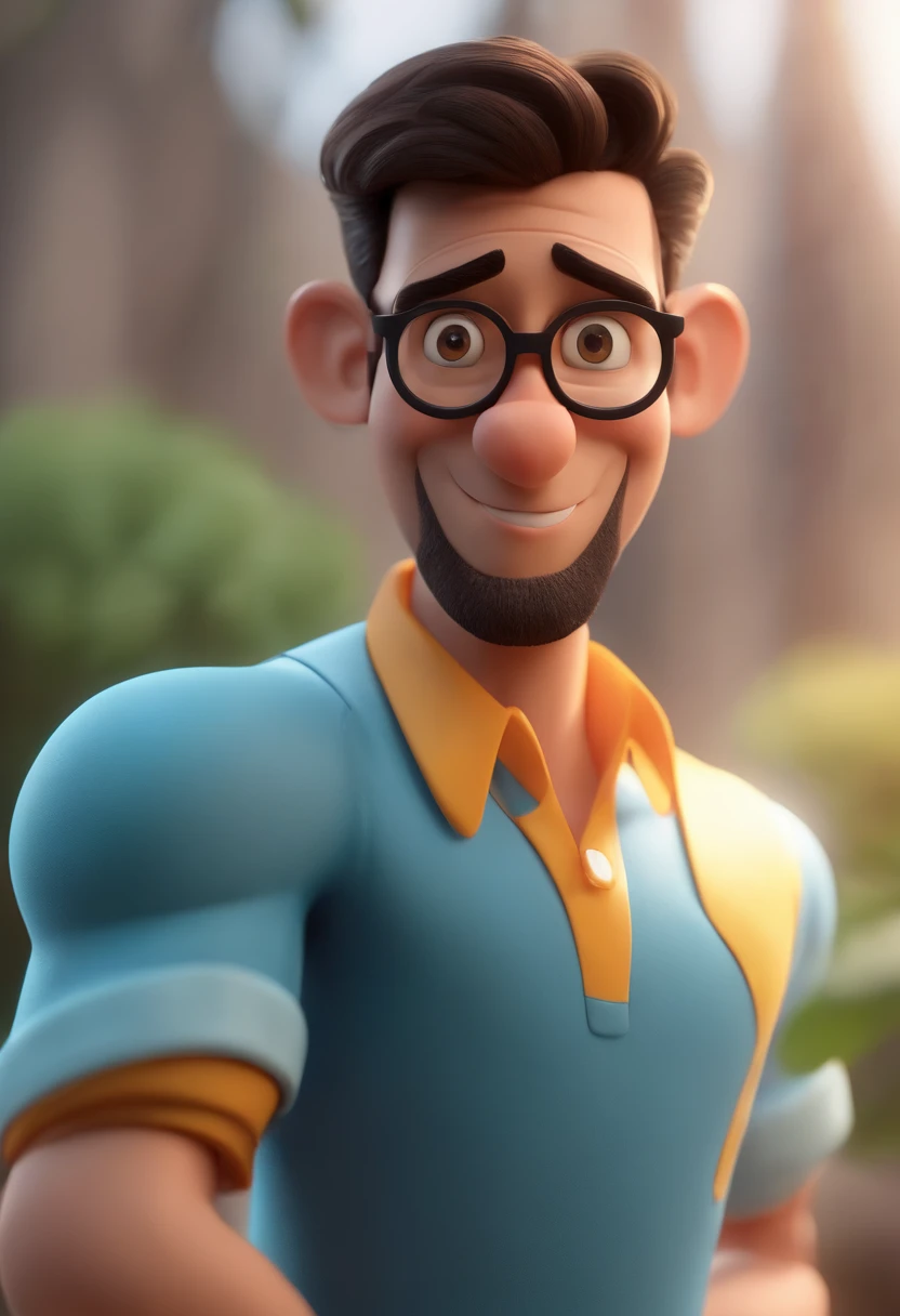 Cartoon character of a man wearing black glasses and a blue shirt, um personagem animado, Caractere estilizado, animation style rendering, 3D estilizado, Arnold Maya render, 3 d render stylized, toon render keyshot, Personagem 3D, Personagem 3D, 3d rendering stylized, 3 d character render, personagem de desenho animado, Personagem de close up, Pose de personagem, (Estilo Pixar) (master part:1.2) (Bokeh) (best quality) (pele detalhada) (textura detalhada) (8k) (argila) (Cinematic lighting) (foco nítido,Senta e vaza a parte superior do corpo