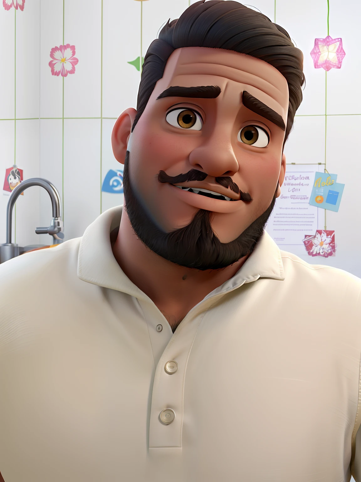 Poster no estilo Disney pixar, alta qualidade, melhor qualidade, homem sexy moreno marrom  , 23anos cabelo preto barba preta, sobrancelha grossa, no banheiro, nariz afro