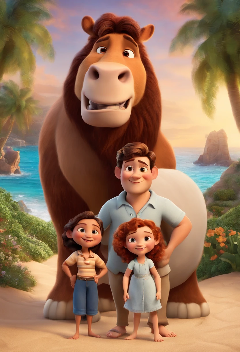 a Disney Pixar movie poster showing a white-skinned family. The father is the tallest, Tem barba curta, loiro, cabelos curtos e espinhosos. The mother has brown eyes and hair, shoulder-length and is slightly overweight. A tem 4 anos e cabelos castanhos, roupa rosa e rabos de cavalo. The background is a beach garden. 3D-rendering