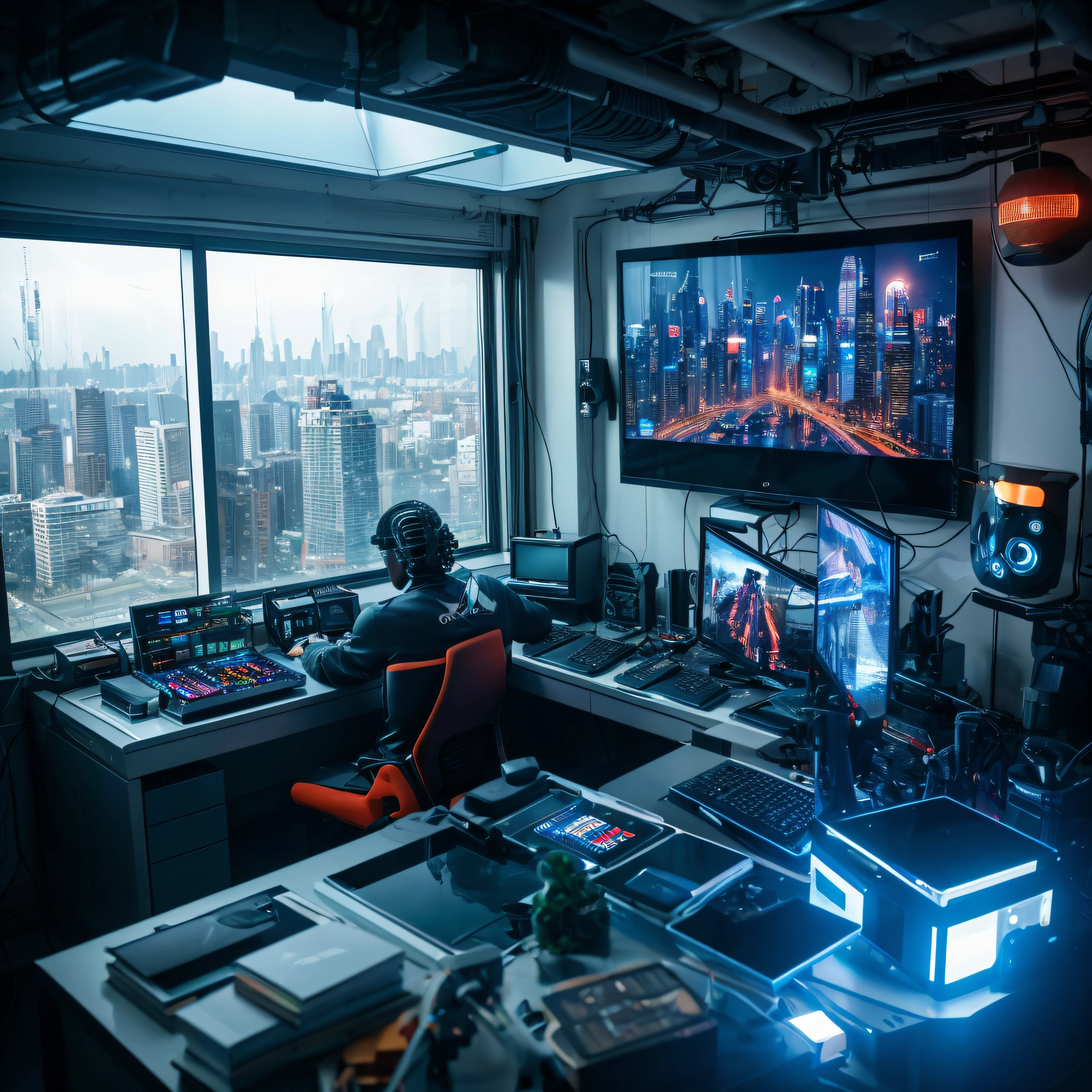 A black man finds himself immersed in his room, surrounded by a technological world while using a modern computer. Through the window, robots with a futuristic design roam an urban landscape, performing different tasks. His expression reveals a mix of fascination and reflection in the face of technological advancement, highlighting the coexistence between human life and the growing presence of automation and artificial intelligence in the contemporary world.