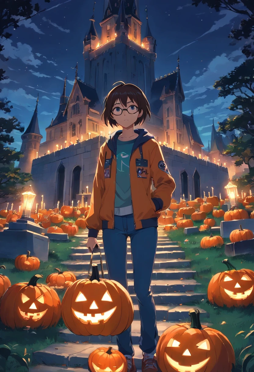 Halloween background with spooky candles of pumpkins in the cemetery at night with a castle background. Inspirado na disney/Pixar. Um homem, It's tall and skinny, 25 anos, moreno, tem olhos castanhos, with silver glasses, ele tem sinais no rosto, sem braba, he's wearing a Batman t-shirt and jacket
