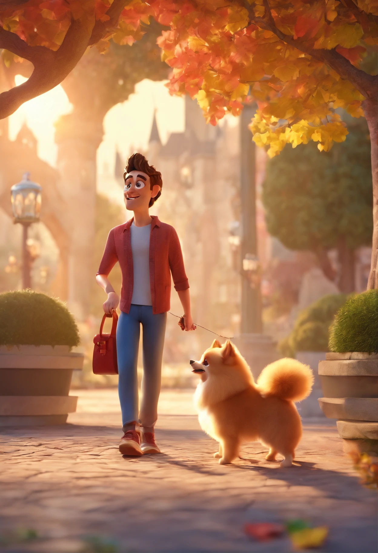 Estilo Pixar: Adult man is playing with a girl is a Pomeranian puppy Lulu,3D Poster,Disney