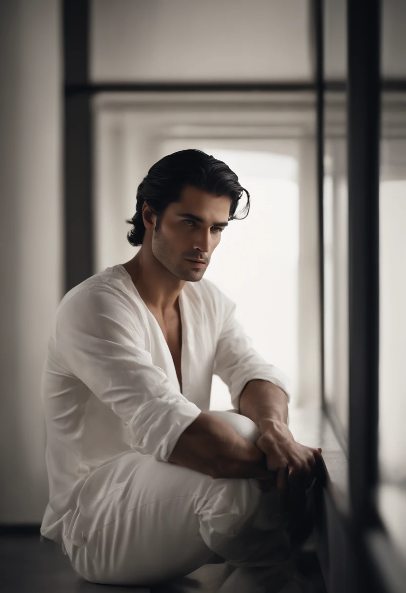 (best quality,4k,highres,masterpiece:1.2), ultra-detailed, realistic:1.37, a long and black-haired man with white clothes sitting in the corner of a blank room. melancholic look, detailed eyes, detailed lips, white clothes flowing, subtle shadows, atmospheric lighting, thought-provoking, introspective, moody ambiance, artistic photography, chiaroscuro effect, dramatic lighting, introspective mood, deep contemplation, minimalist setting, clean lines, blank walls, empty space, sense of solitude, calm and serene atmosphere.