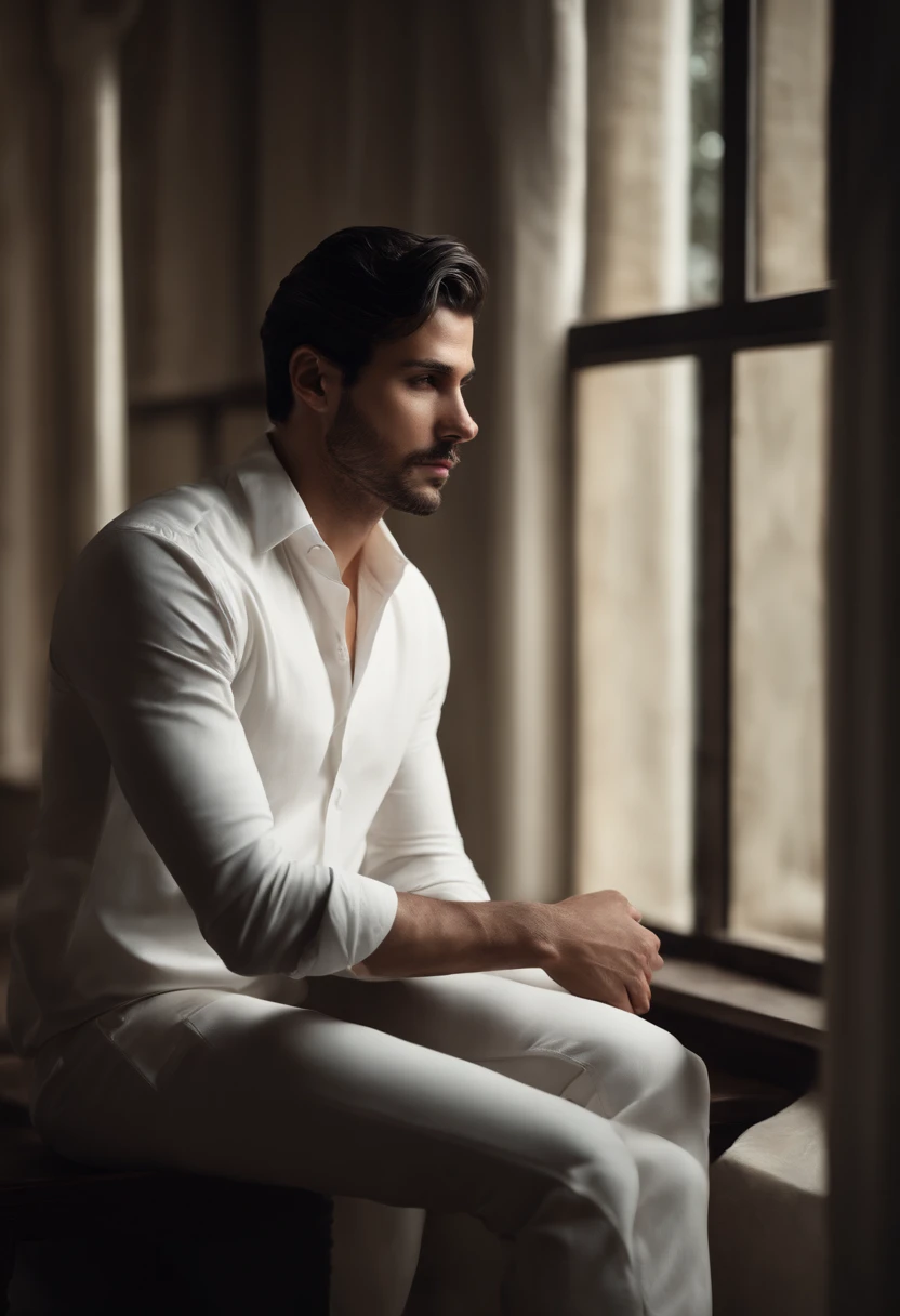 (best quality,4k,highres,masterpiece:1.2), ultra-detailed, realistic:1.37, a long and black-haired man with white clothes sitting in the corner of a blank room. melancholic look, detailed eyes, detailed lips, white clothes flowing, subtle shadows, atmospheric lighting, thought-provoking, introspective, moody ambiance, artistic photography, chiaroscuro effect, dramatic lighting, introspective mood, deep contemplation, minimalist setting, clean lines, blank walls, empty space, sense of solitude, calm and serene atmosphere.