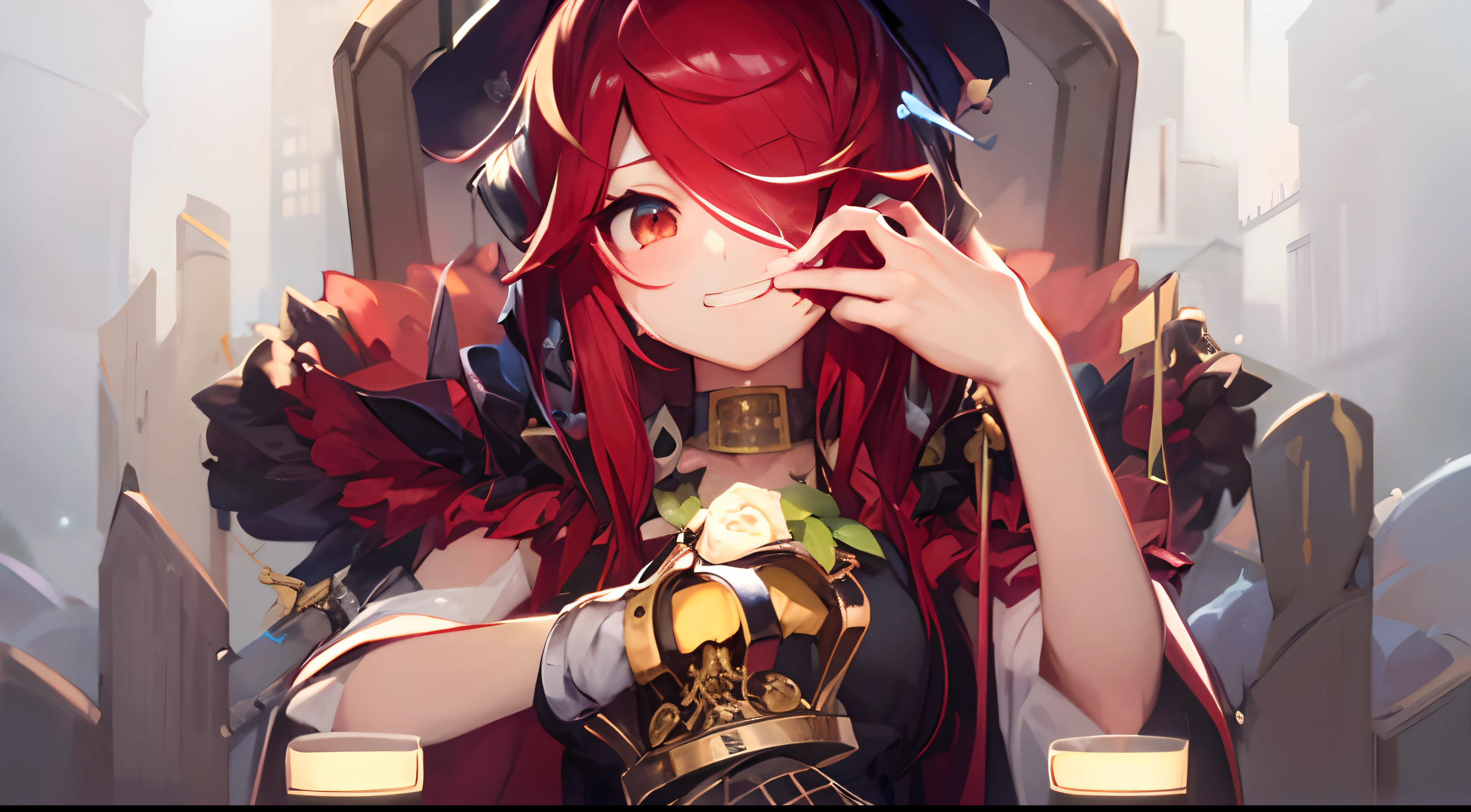 masterpiece, top-quality, ighly detailed, animesque, girl with, length hair, red hairs, bluntbangs, hime-cut, eye glasses, the witch,