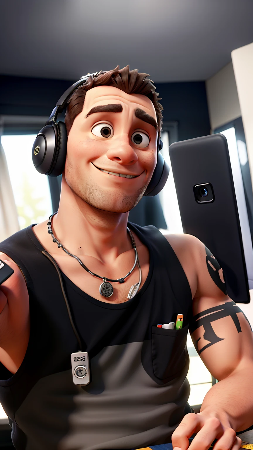 A imagem mostra um homem vestindo uma blusa preta e fones de ouvido, parado em uma sala. Ele parece estar posando para uma foto, possivelmente tirando uma selfie. The man is wearing a necklace, which increases your overall appearance. The headphones are placed on his head and he seems to be enjoying his time in the room. tribal tattoo on the arm