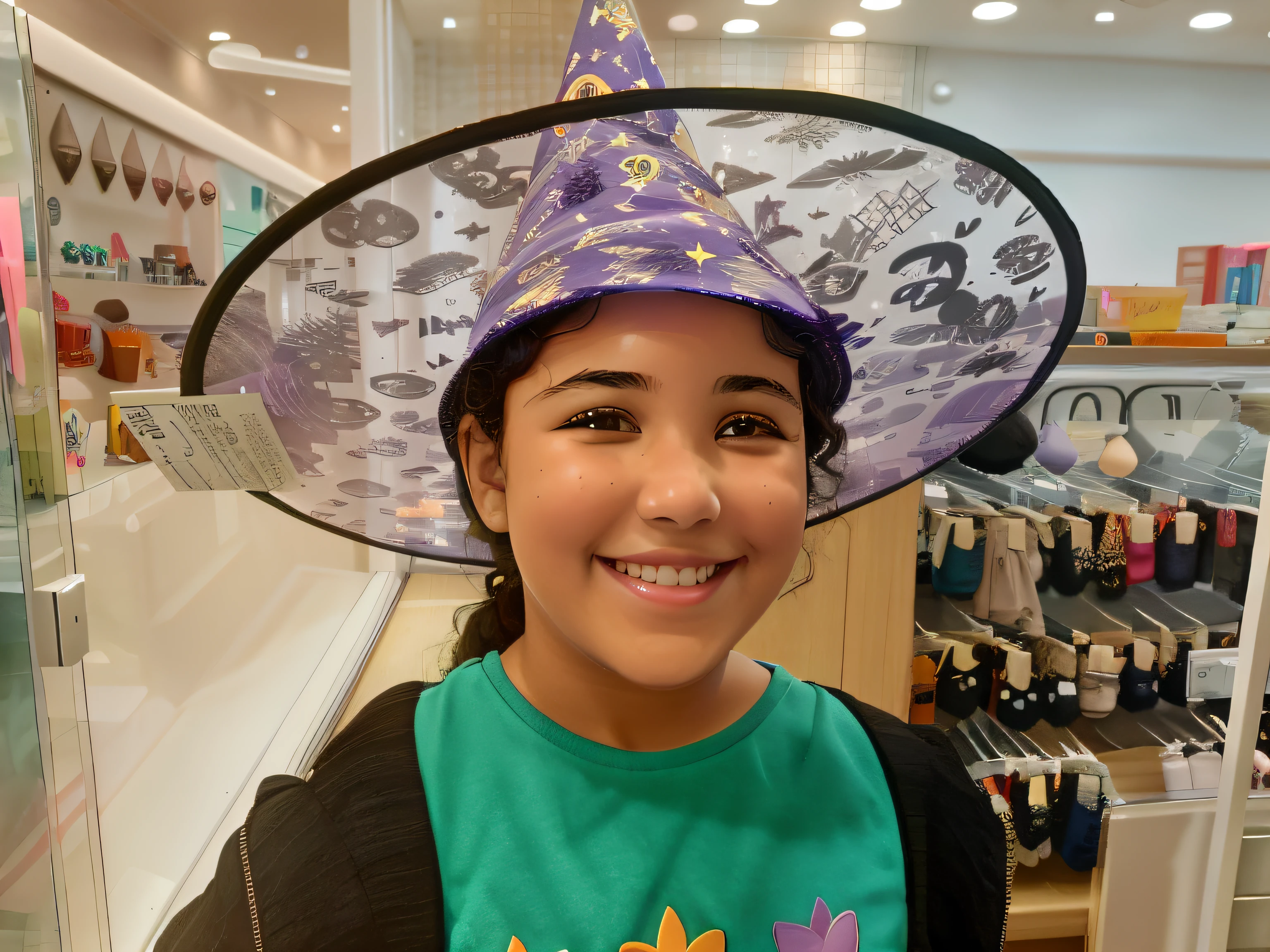 Arafed girl wearing a witch's hat in a shop, wearing a witch's hat, wearing a wizard hat, wearing black witch hat, wearing a grey wizard hat, wearing a silly hat, witch hat, with a weird hat, witch hat, vestido como um bruxo, wearing wizard hats, Blue witch hat, Pointed witch hat, uma jovem bruxa