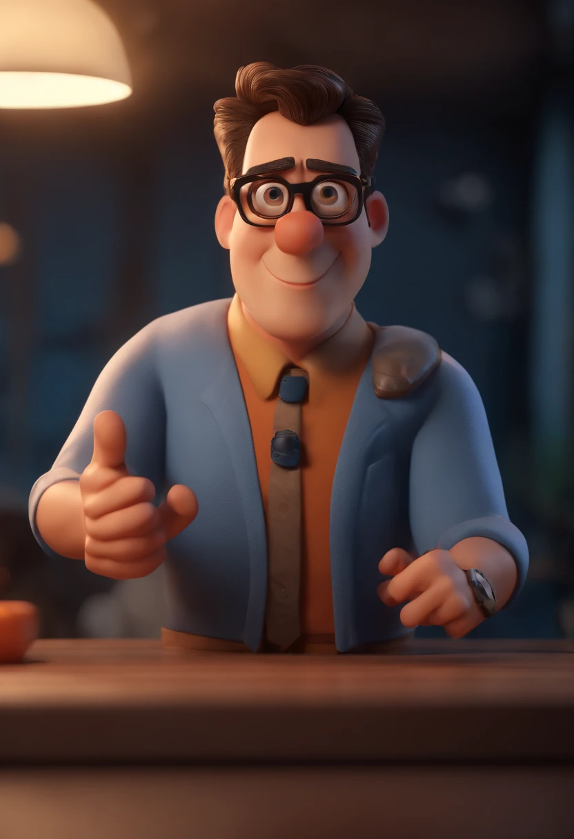 Cartoon character of a man with black glasses and a blue shirt, animation character, Caractere estilizado, animation style rendering, 3D estilizado, Arnold Maya render, 3 d render stylized, toon render keyshot, Personagem 3D, Personagem 3D, 3d rendering stylized, 3 d character render, personagem de desenho animado, Personagem de close up, Pose de personagem,  (Estilo Pixar) (master part:1.2) (Bokeh) (best quality) (pele detalhada) (textura detalhada) (8k) (argila) (Cinematic lighting) (foco nítido