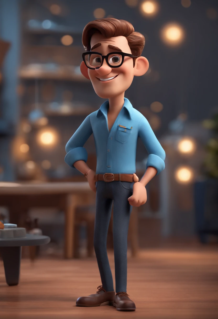 Cartoon character of a man with black glasses and a blue shirt, animation character, Caractere estilizado, animation style rendering, 3D estilizado, Arnold Maya render, 3 d render stylized, toon render keyshot, Personagem 3D, Personagem 3D, 3d rendering stylized, 3 d character render, personagem de desenho animado, Personagem de close up, Pose de personagem, (Estilo Pixar) (master part:1.2) (Bokeh) (best quality) (pele detalhada) (textura detalhada) (8k) (argila) (Cinematic lighting) (foco nítido