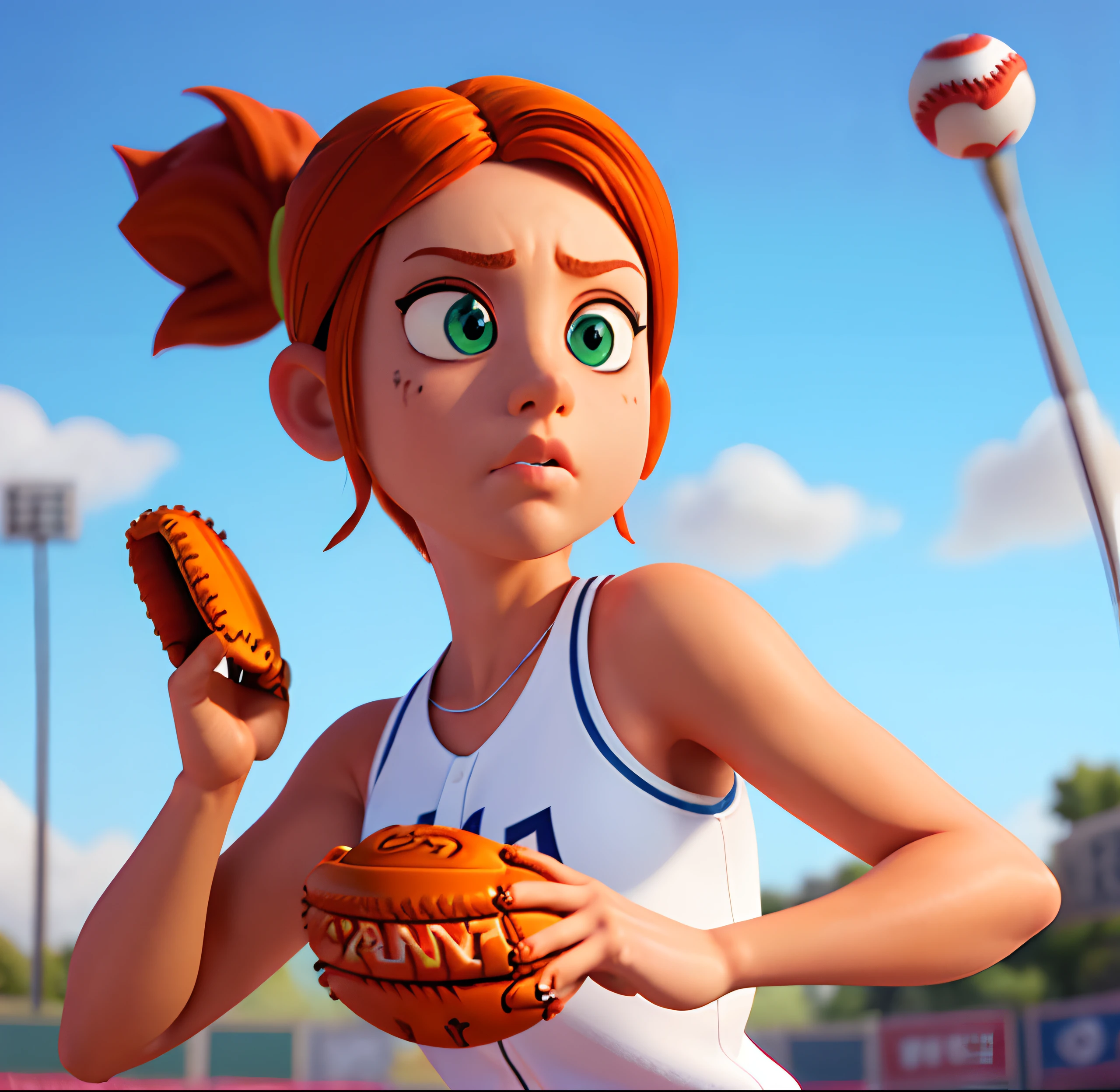Masterpiece, (watercolor:1.3), (short stack:1.1), forward facing, eyes on camera, serious expression, (action shot:1.4) , (upper body strength:1.3), contrapposto (tattoo:1), softball pitcher, auburn hair, green eyes, (string bikini:1), pitching a softball at viewer, (focus on softball in foreground:1.4), sunny, natural lighting, High definition, excellent resolution, excellent quality, insane detail, semi realistic, postprocessed, crisp face, facial features, extremely detailed, facial features