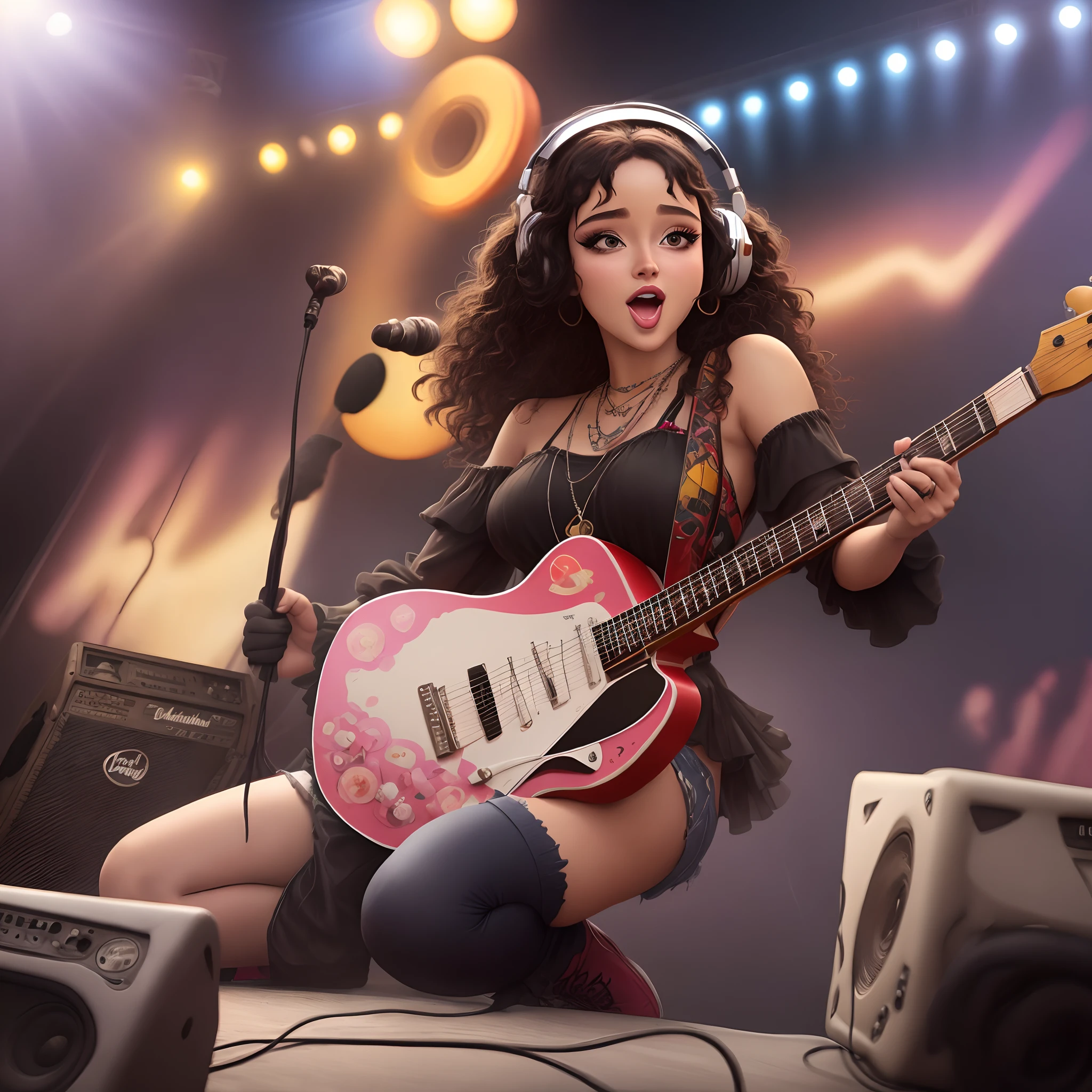 Estolo disney pixar , medium hair, castanhos e chacheados , olhos castanhos, ama rock, She is a singer and loves music, pele morena (parda)