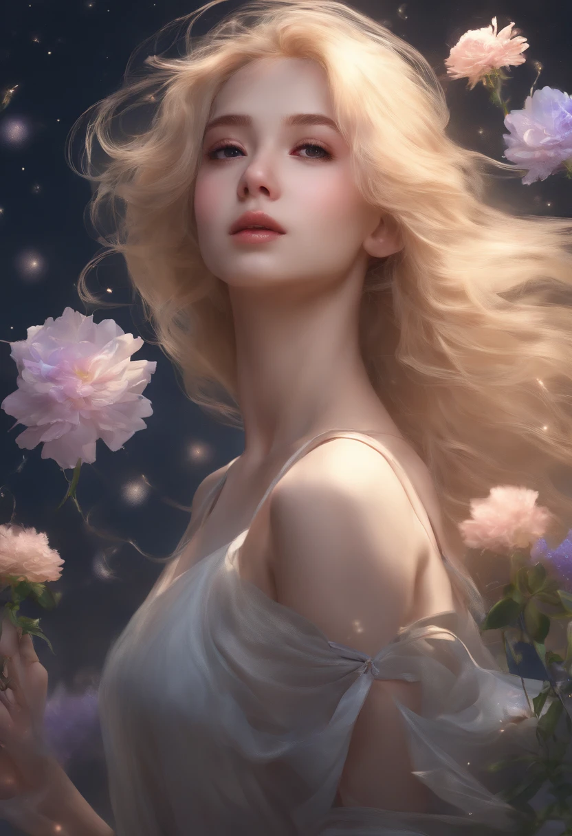 (best quality, masterpiece), 1girl, pose, particle, wind, flower, upper body, simple background, looking at viewer, blonde, galaxy,