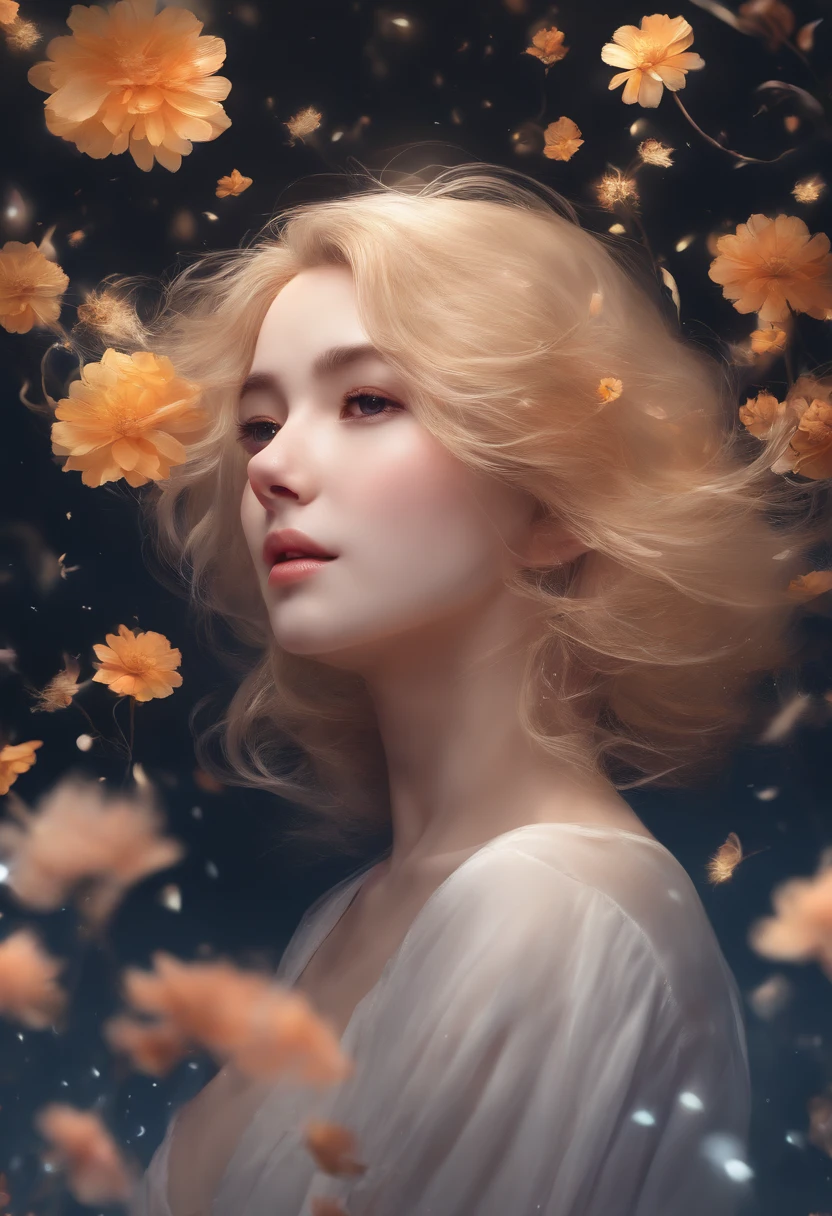 (best quality, masterpiece), 1girl, pose, particle, wind, flower, upper body, simple background, looking at viewer, blonde, galaxy,