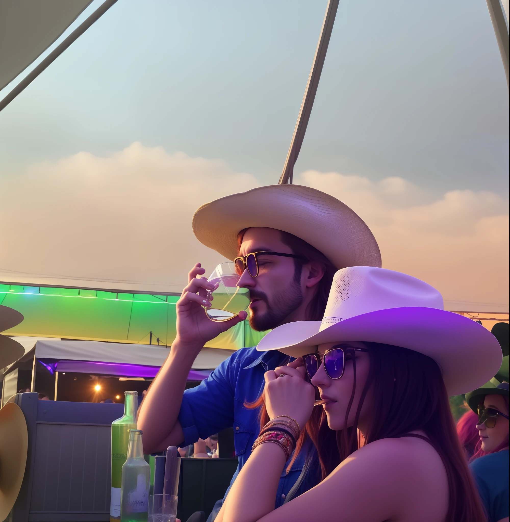There's a man and a woman drinking from a glass of wine, festival vibes, cowboy shot, pessoas bebendo cerveja, pegando seus tacos e bebida), beber uma cerveja, beber cerveja, drunk cowboy redhead long hair, com uma bebida, pessoas curtindo o show, cowboy hat and glasses, beber, a person at a music festival, revellers, people drink cocktails, Beber