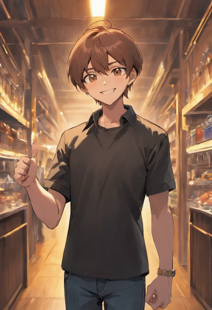 A man standing in black shirt, jeans, smiling, brown hair, smiling, showing hand, giving thumbs up as a sign of success, Estilo Disney Pixar, alta qualidade, melhor qualidade 4k
