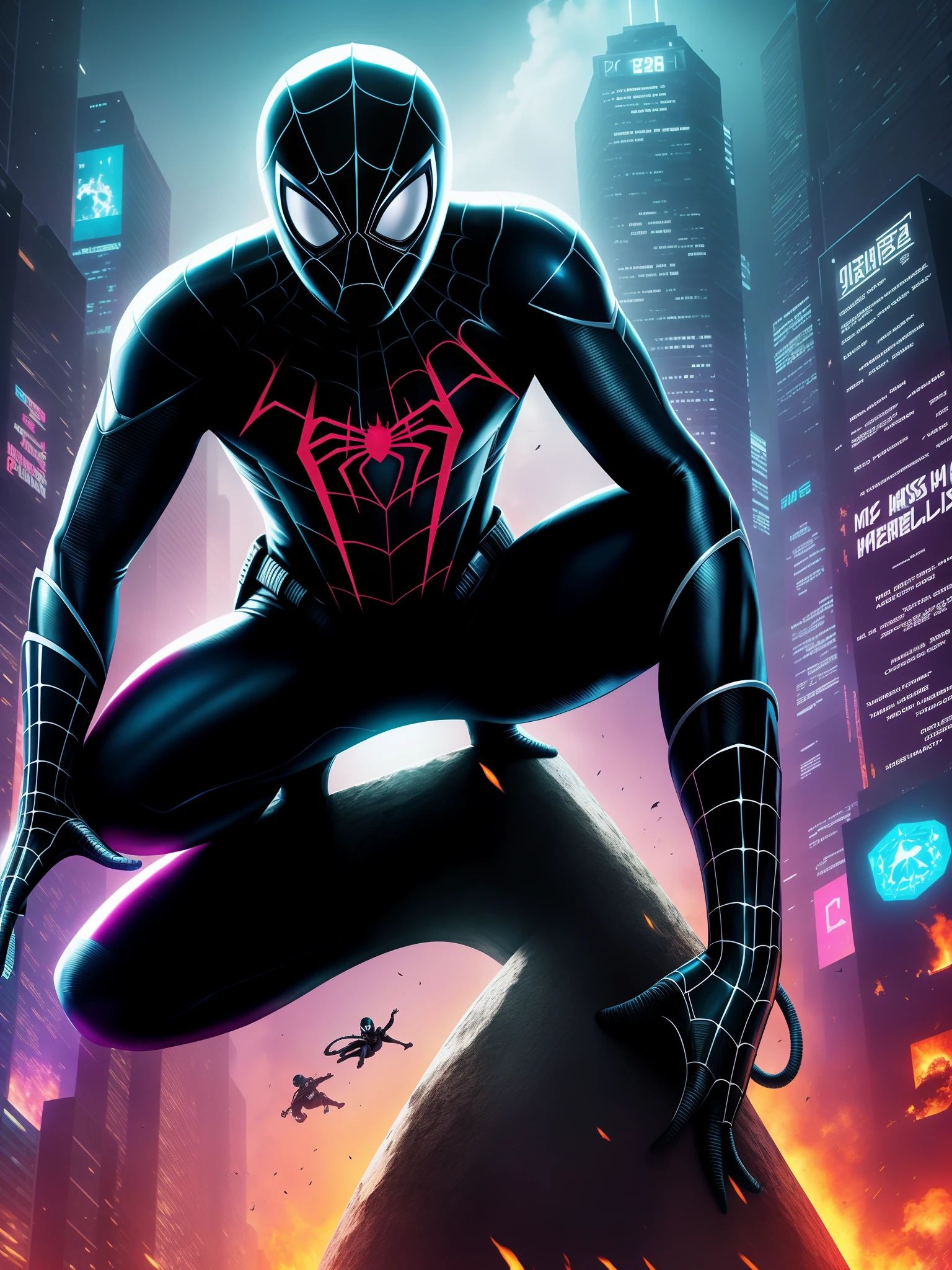 Homem aranha Miles Morales) poster de filme, realista, highes definition, fundo cyber punk