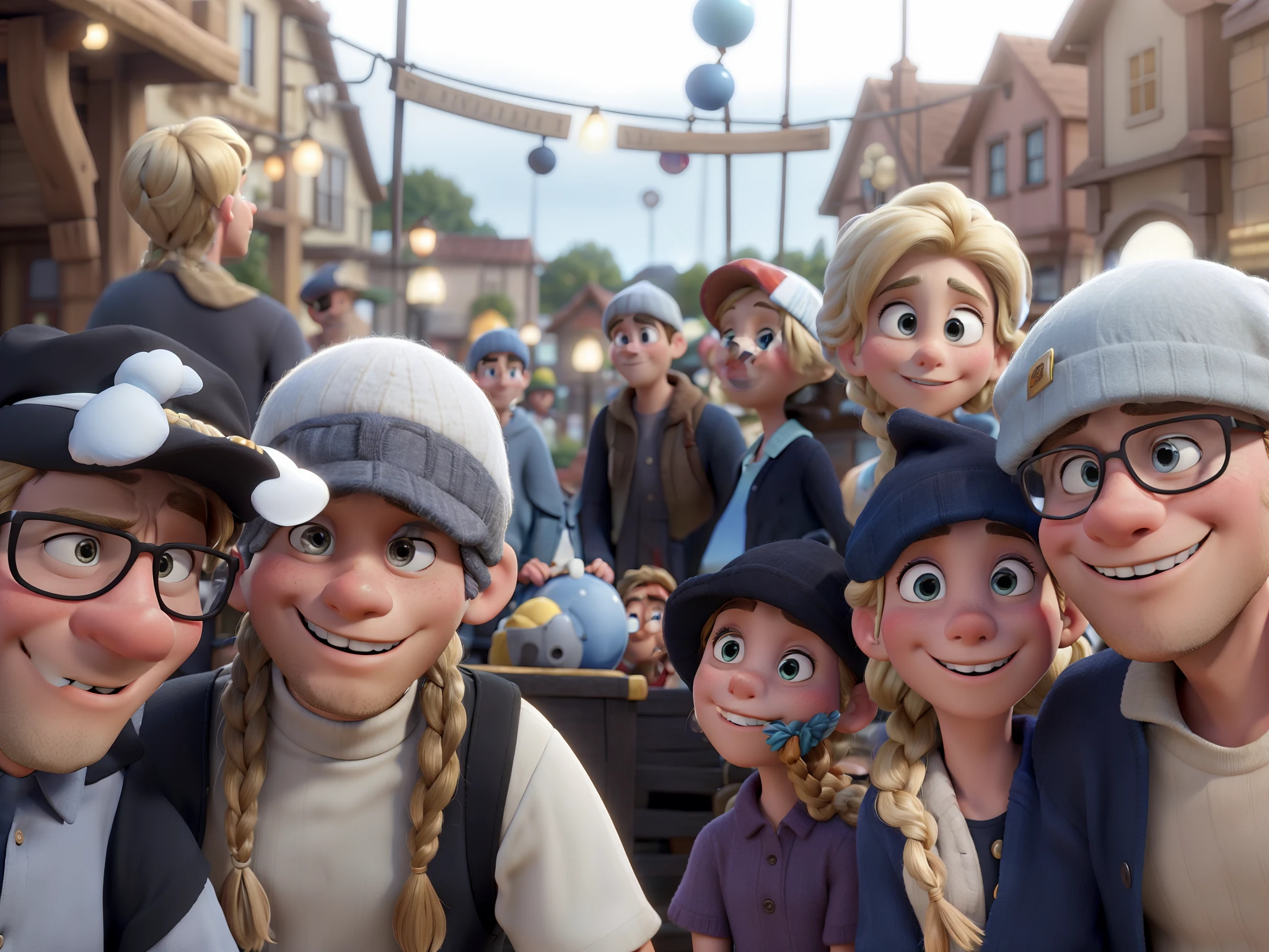 Obra-prima ao estilo Disney/Pixar in high quality and high resolution. Man on the left stands with pluto cap, The blonde woman next to her is wearing a wool cap, The boy in the middle is wearing a black blouse and next to him another blonde woman with braid in her hair and finally the man on the right is wearing a cold cap Everyone is on Disney as a background image