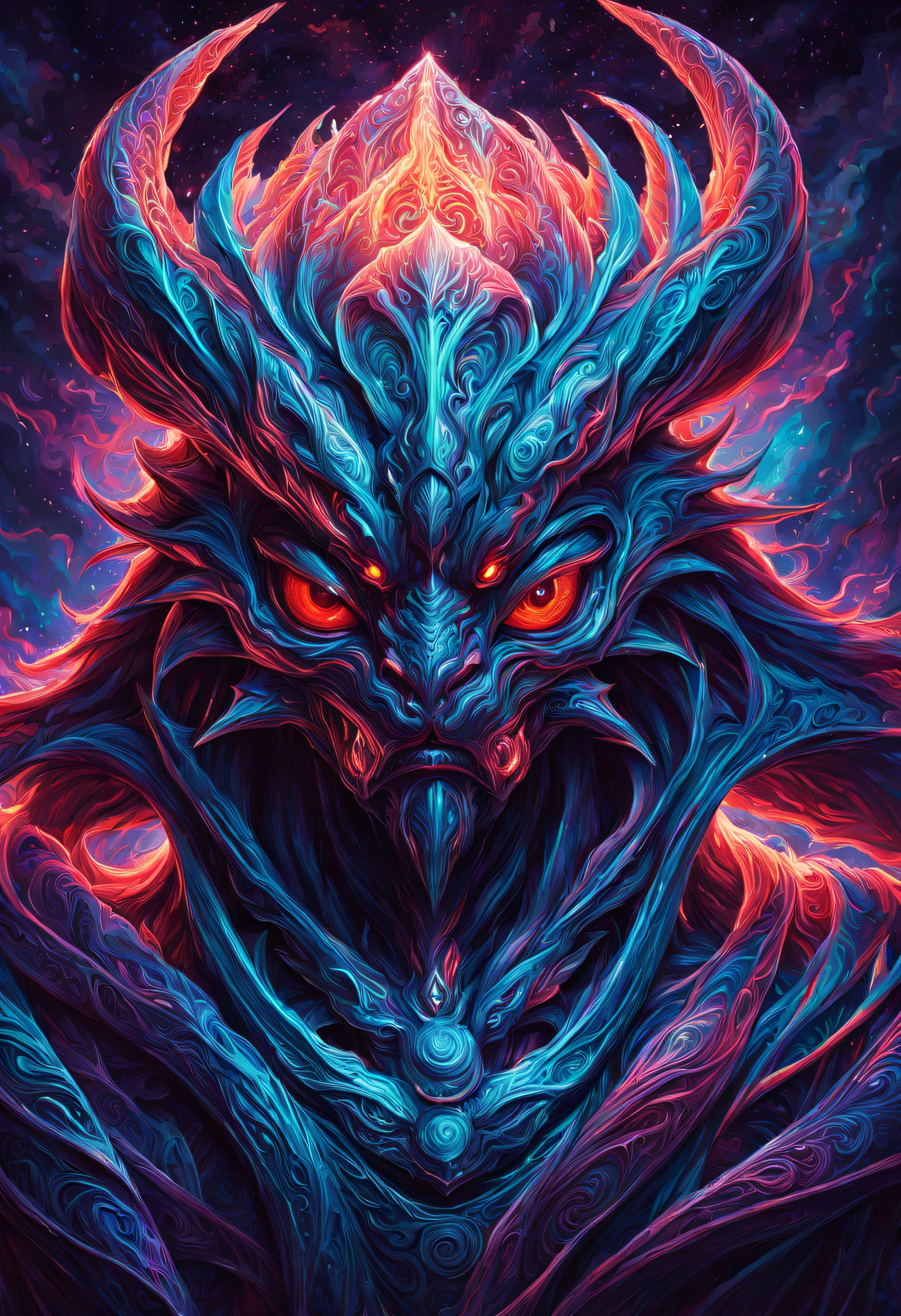 art by Marek Okon and dan mumford,  Yarn model of a large Brother, the Brother is Luminous, Samurai, elegant, Cryptidcore, anaglyph filter, alienzkin