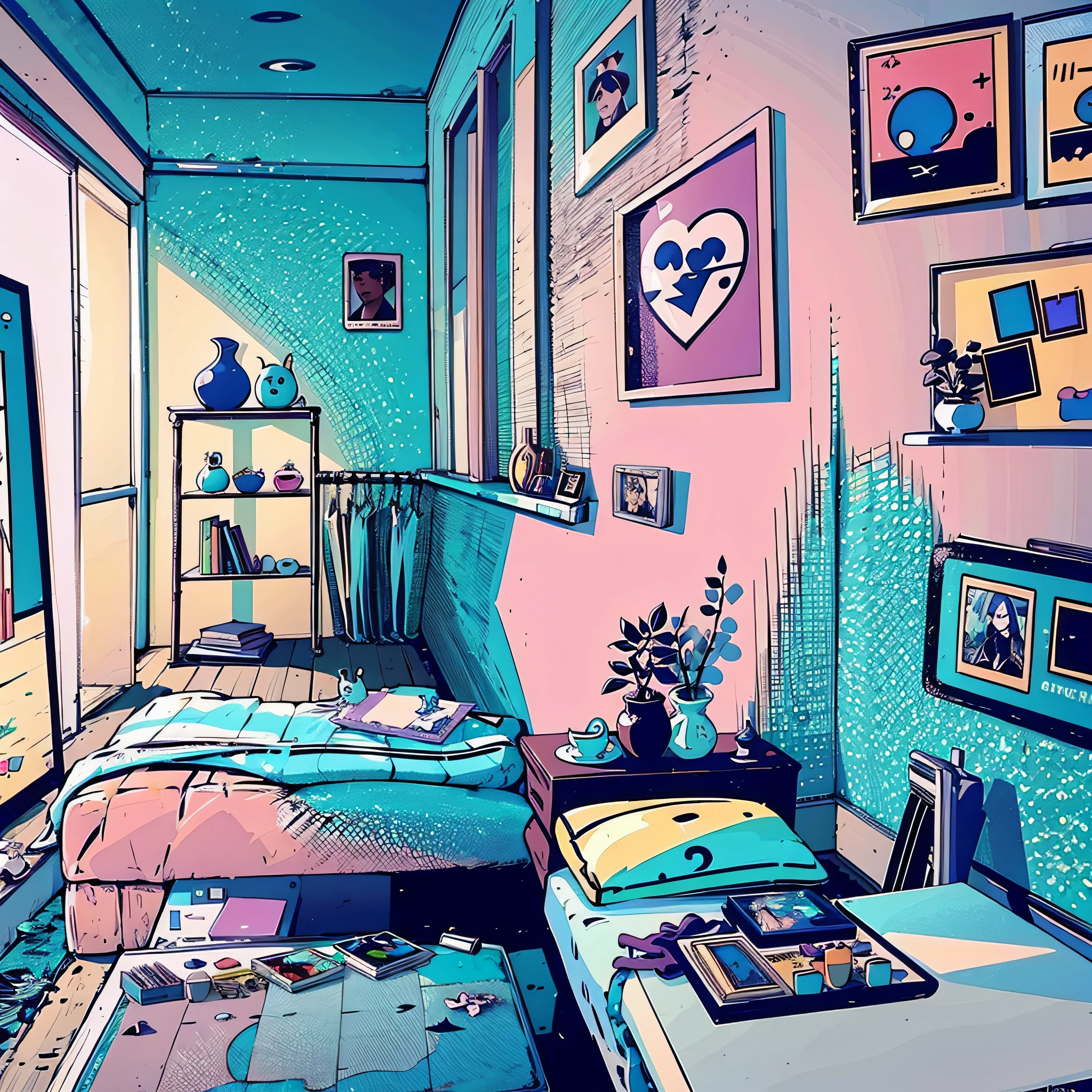 (master part:1.5, best quality:1.5), ((estilo vaporwave, partially coloring)), Closeup, de cima, cinematic angle, 1girl, olhar cansado, Longas_Hair, sozinho, no quarto, Dolls are in a minus, Vida decadente,Telephone poles outside the window,the sunset outside the window,Rua fora da janela,the sunset outside the window,