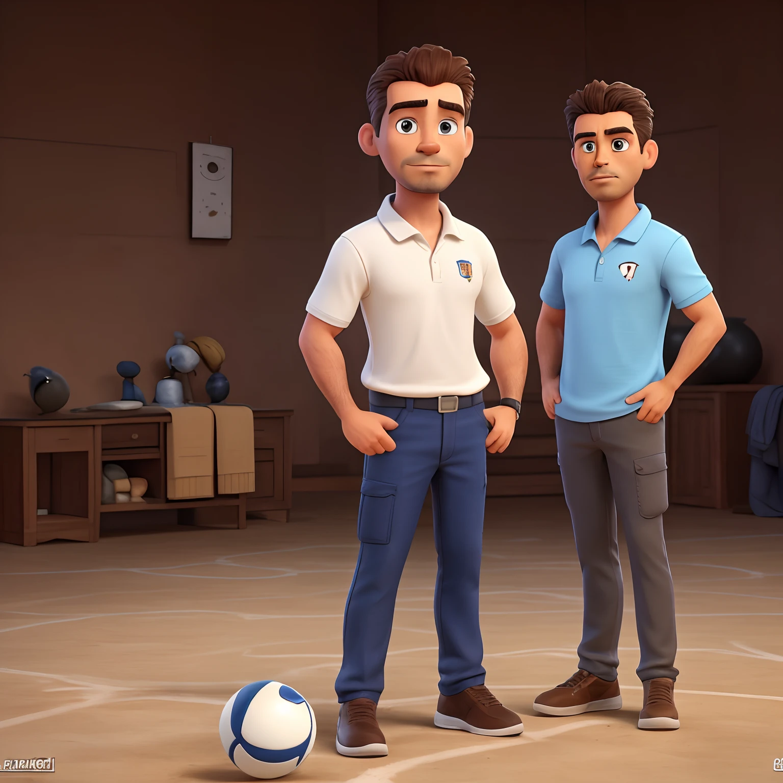 (8k, Foto RAW, best quality, master part: 1.2), (Realistic, photo-realistic: 1.37), ultra-detalhado, 1 Man Body Athletic Basketball Player, 46 anos, rosto fino, nariz pontudo, olhos castanhos claros, sobrancelhas grossas, cavanhaque tony igual ao tony stark, vestinho uma camiseta polo branca, com uma bola de basquete e um apito, cabelos pretos e muito curto, with serious appearance, quase nervoso.