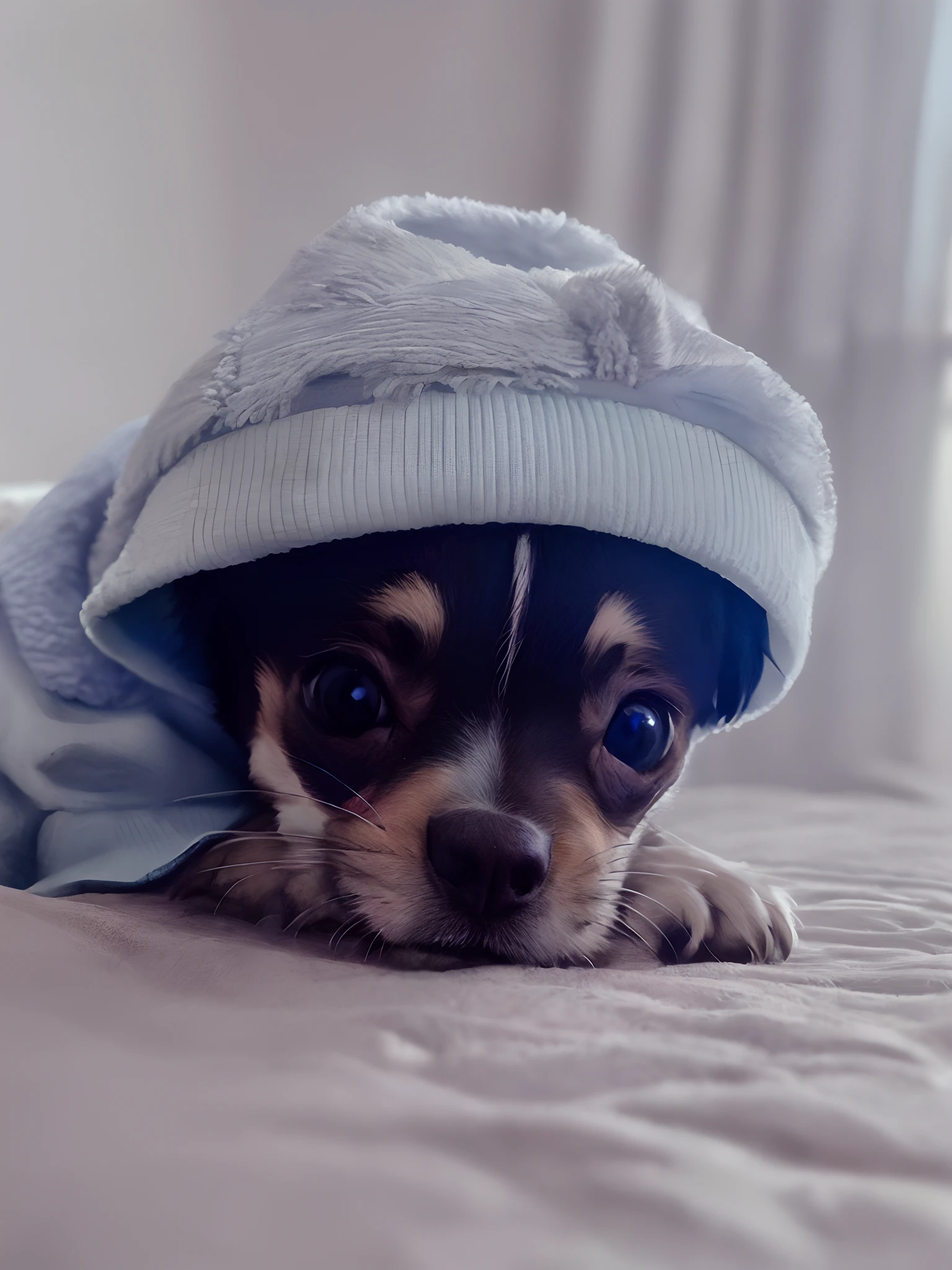 Araffe dog with a blue blanket on top of his head, Dog cute, com capuz, coberto com cobertor, wearing a cute hat, frio, small dog, Acordar, paws on head, Chihuahua, aconchegante sob um cobertor, aw, grandes olhos bonitos, enrolado sob as cobertas, usando um capuz azul, foto de retrato, animal bonito