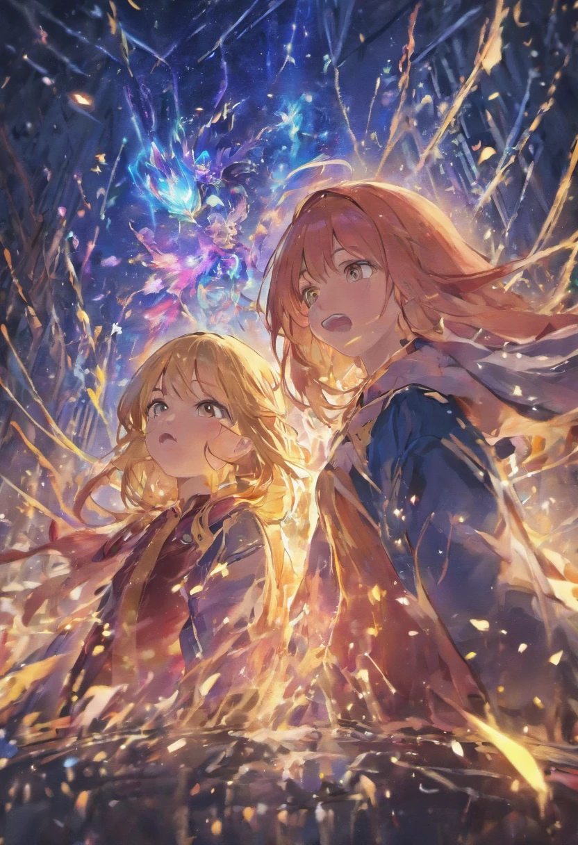 Two age females crying, with magic all around them